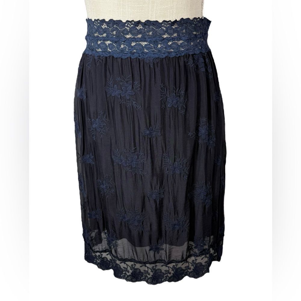 Nicole Italy Navy Blue Silk Floral Embroidered Lace Trim Pull On Skirt